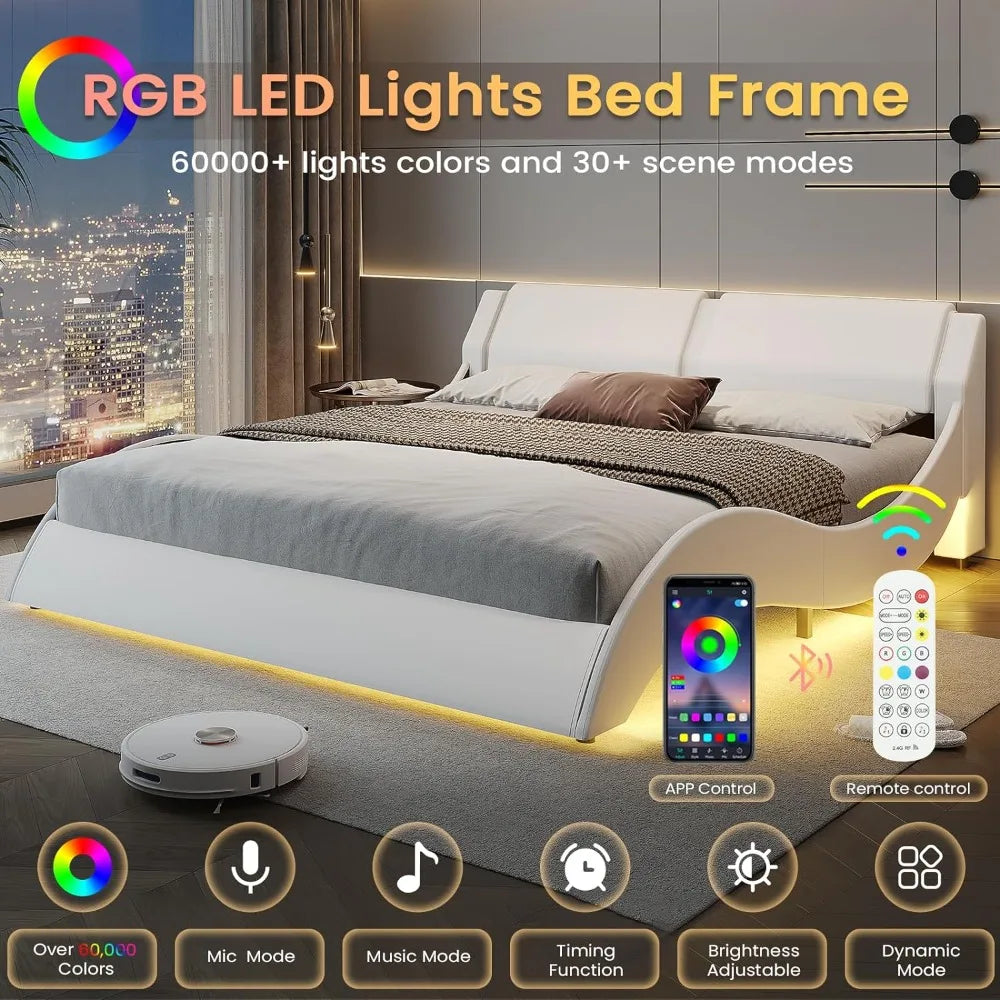 Bed Frame, Large with Headboard, Modern Upholstered Platform,