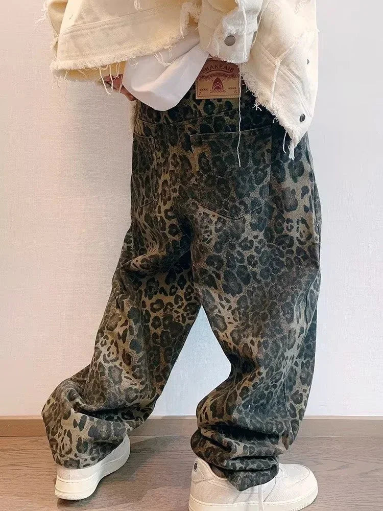 HOUZHOU Tan Leopard Jeans Men Denim Pants Male