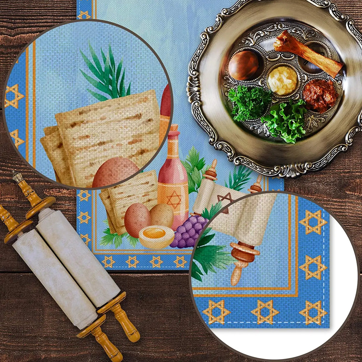 Passover Linen Table Runner Pesach Seder Matzoh Red