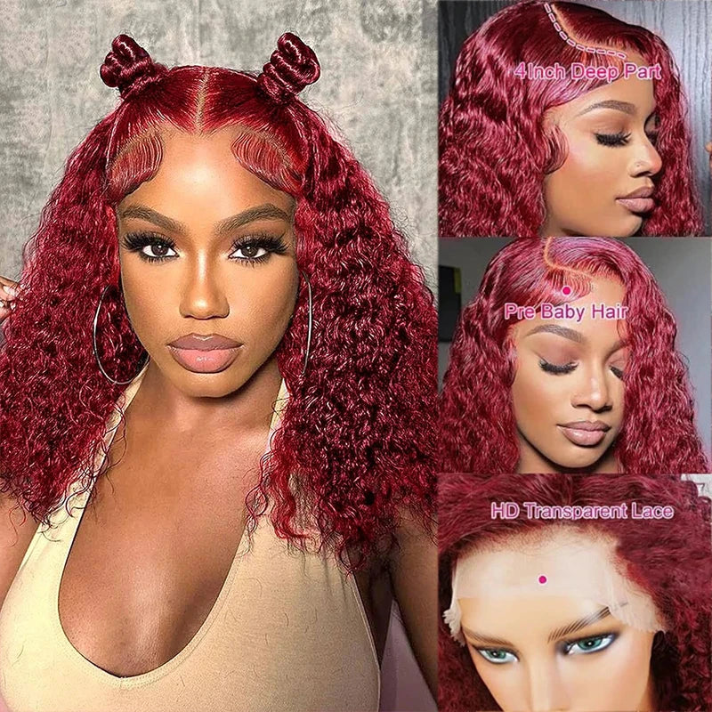 99J Burgundy Deep Wave Red Water Bob Wigs