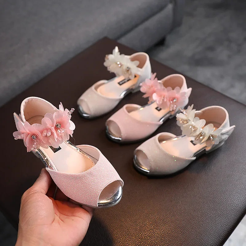 Girls Rhinestone Flower Shoes Low Heel Flower Wedding