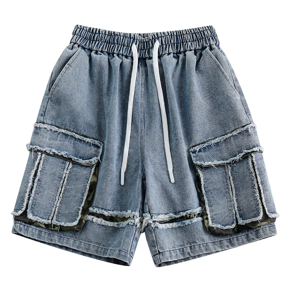 Streetwear Men Denim Shorts Tassel Three-dimensional Pocket Short