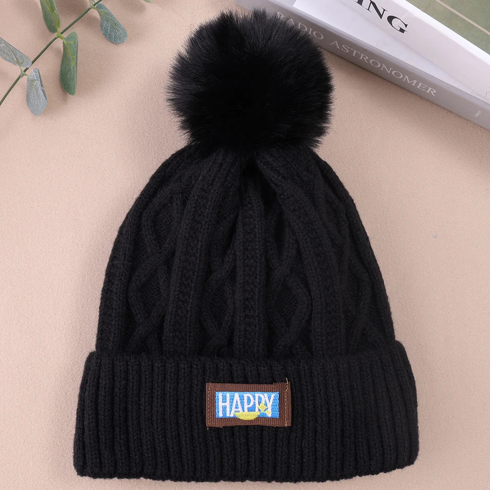 Winter Fur Pom Knitted Beanies Hat Female Plush