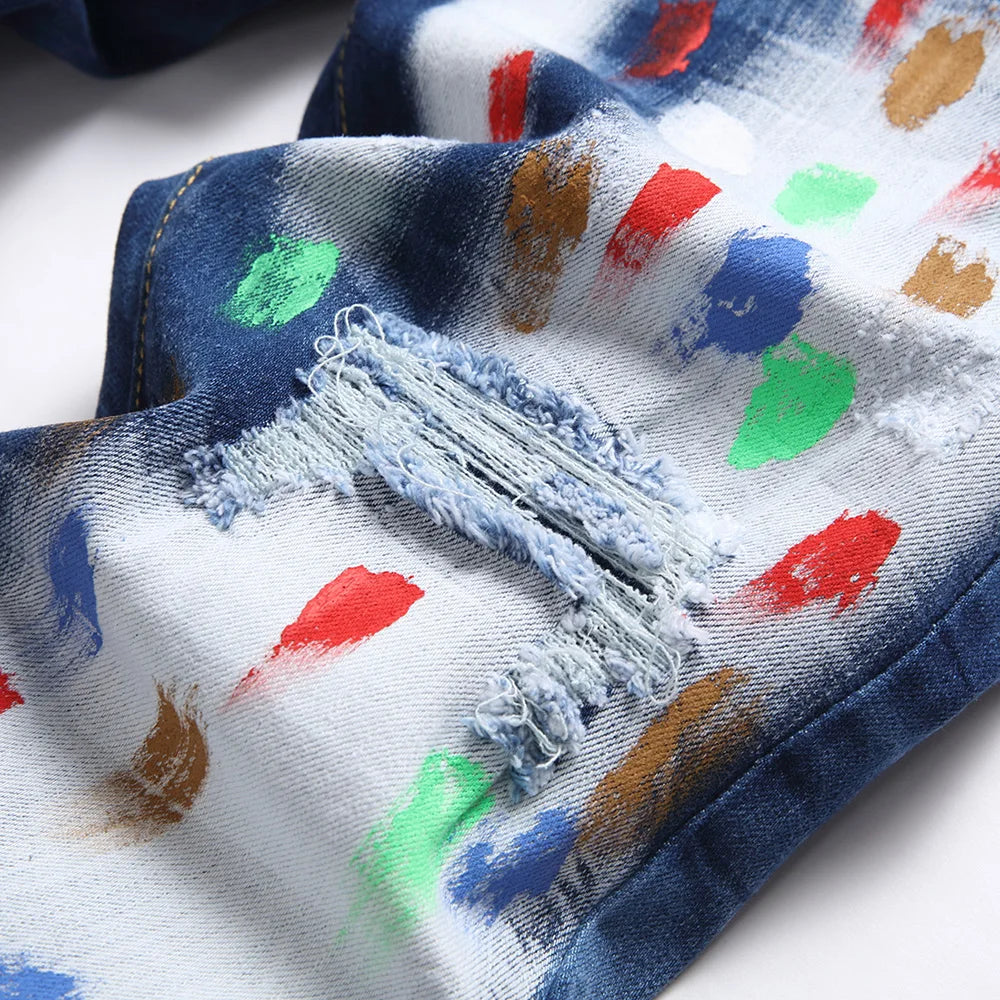 Men Painted Ripped Jeans Streetwear Stretch Denim Slim