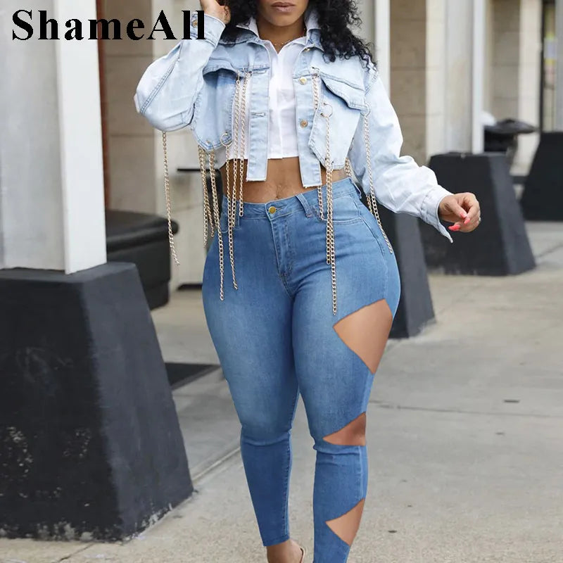 Plus Size Street Asymmetrical Cut Hole Stretchy Skinny
