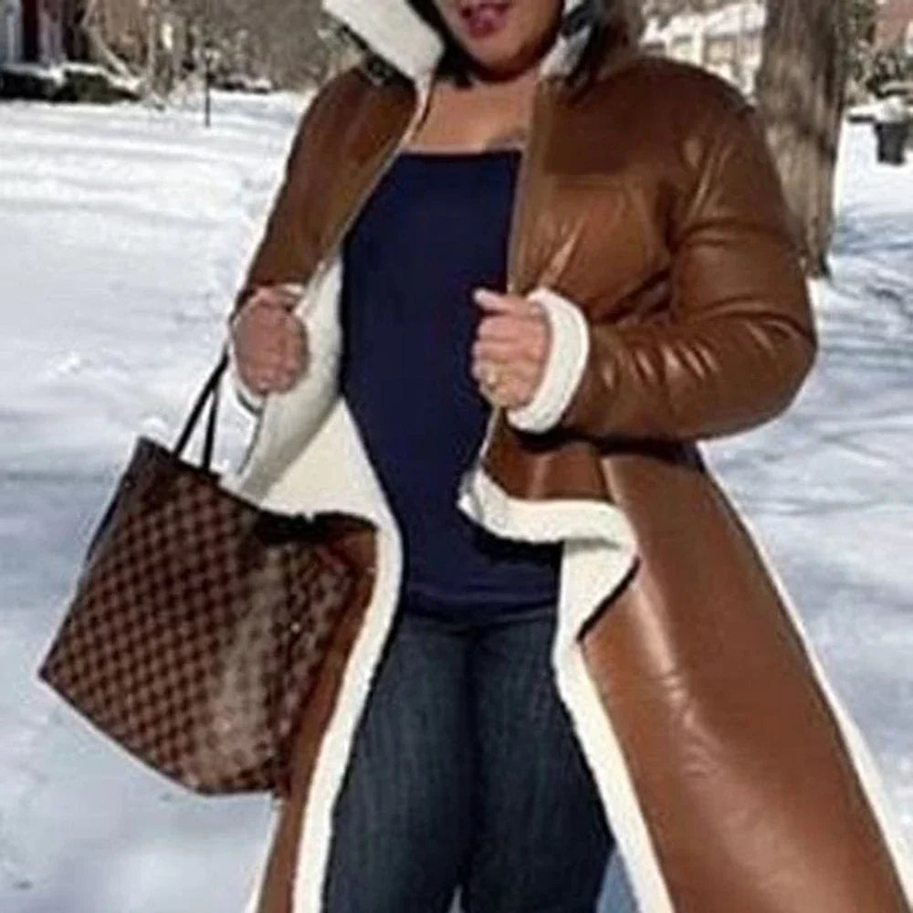 Plus Size PU Leather Teddy Turtleneck Ruffle Asymmetrical