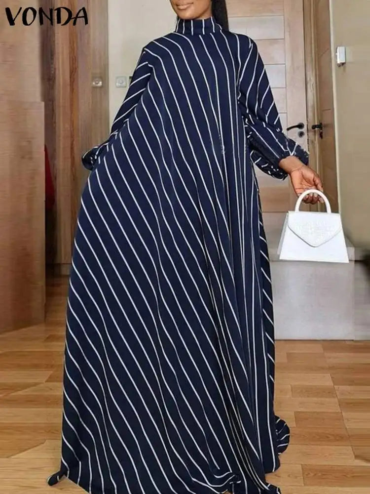 Plus Size 5XL VONDA Elegant Striped Maxi Dress