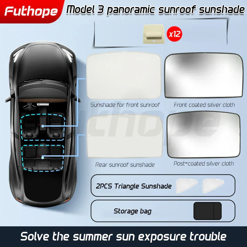 Futhope Upgrade Ice Cloth Buckle Sun Shades Glass Roof Sunshade For Tesla Model 3 Y 2021-2024 Front Rear Sunroof Skylight