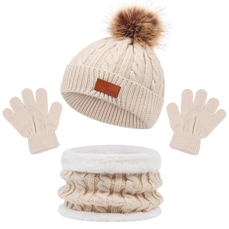 Baby Winter Hat Scarf Gloves Set Knitted Fur