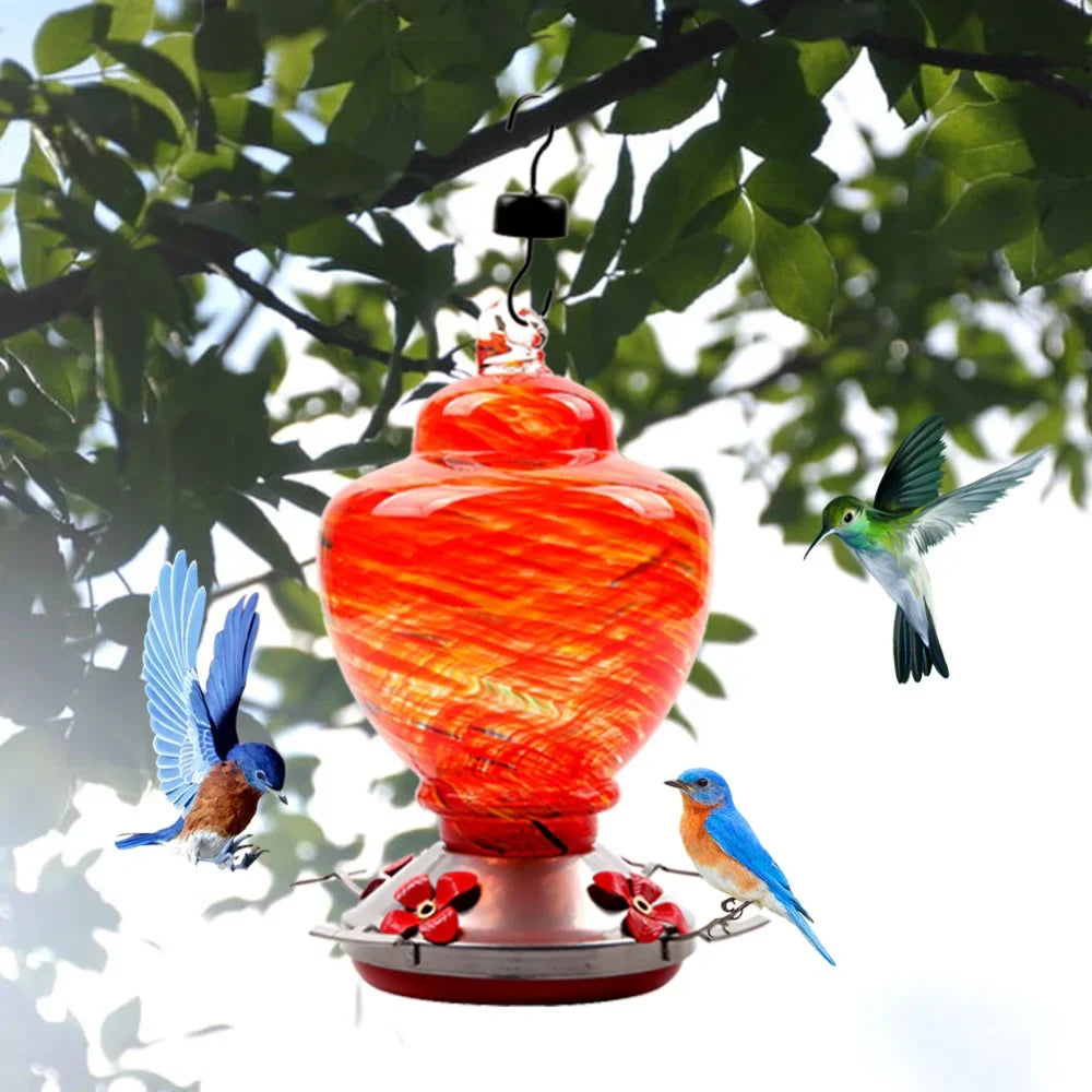 Hummingbird Feeder for Outdoors Hanging Hand Blown Glass