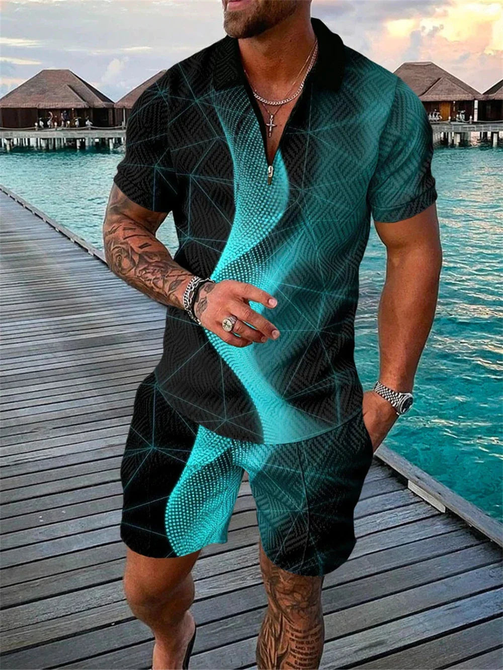 Men's Tracksuit Cotton Solid Color Short Sleeve Zipper