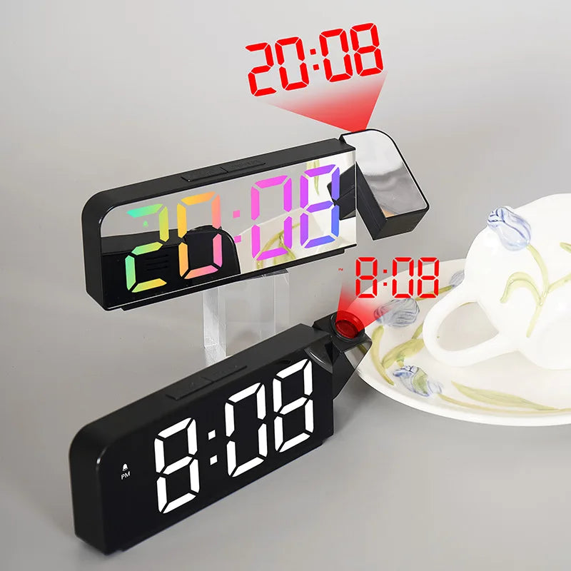 180° Arm Digital Projection Alarm Clock - Night Mode, Power-Off Memory, 12H/24H LED Table Clock