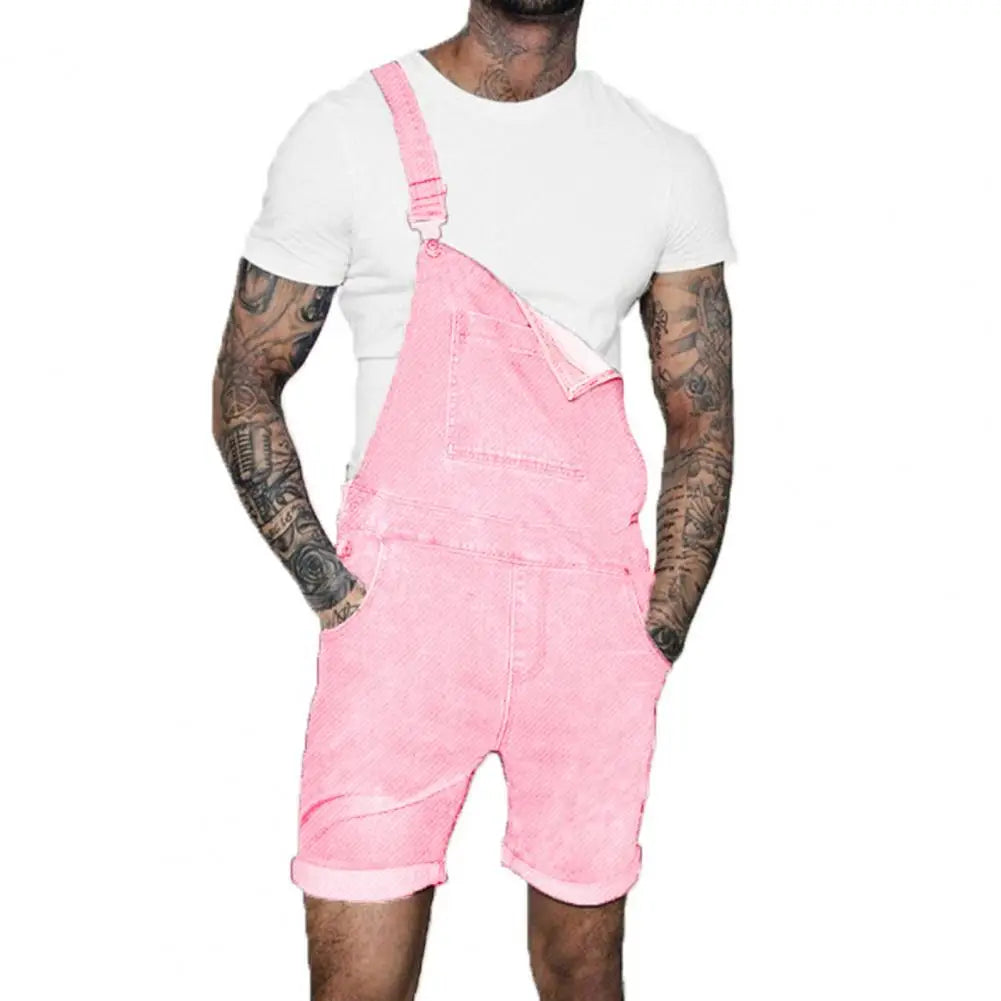 Pink Denim Overall Shorts for Men Fashion Hip