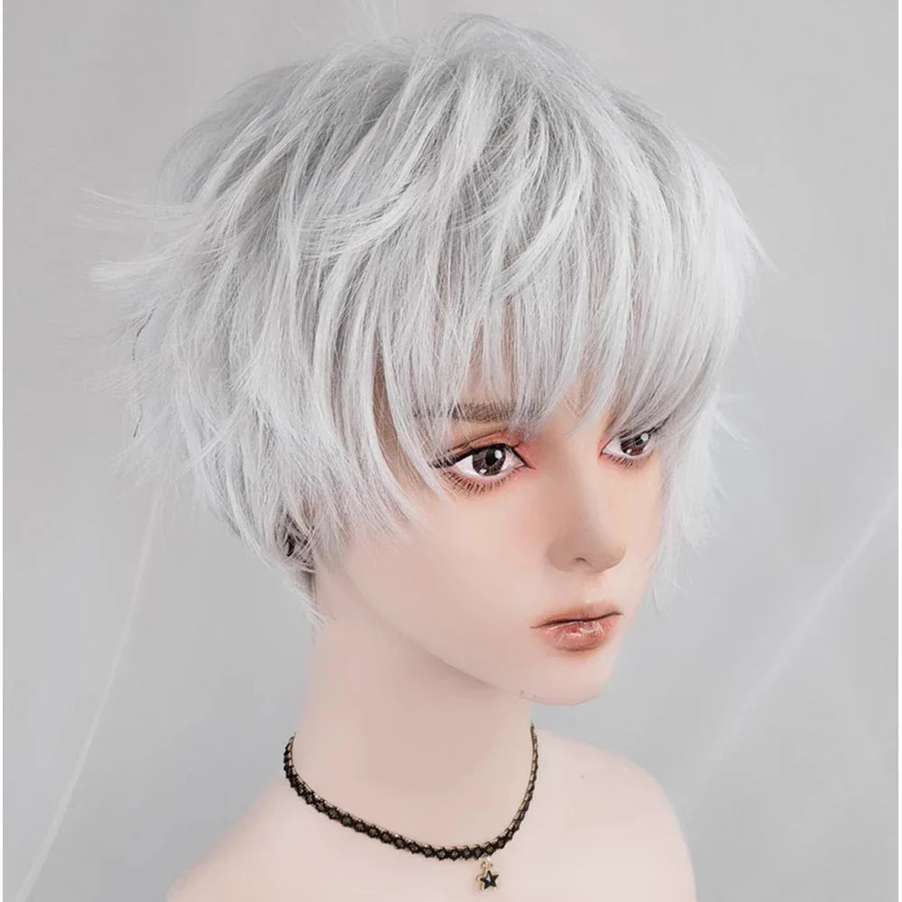 RANYU Synthetic Short Silver White Straight Curly Wigs