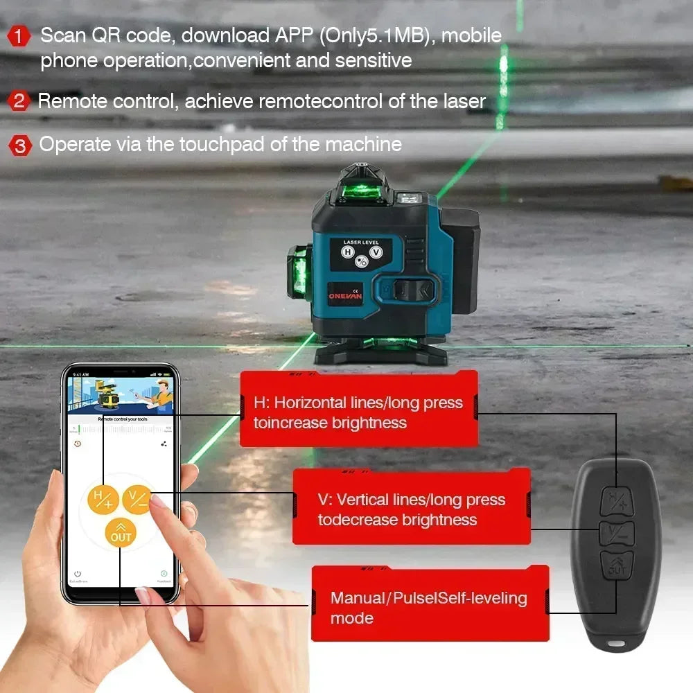 ONEVAN 4D 16 Line Laser Level 2x4000mah Battery