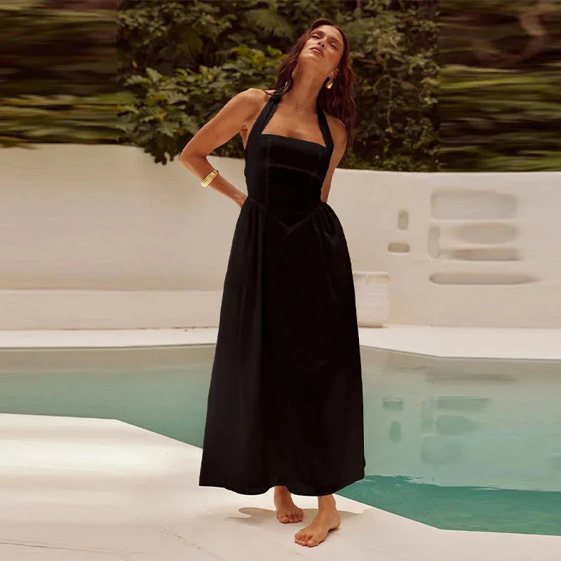 Pleated Halter Spaghetti Strap Dress Women Solid Backless