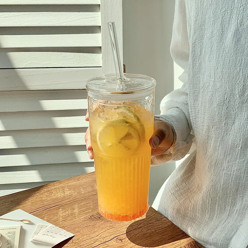 600ml Ins Stripe Glass Cup With Lid and