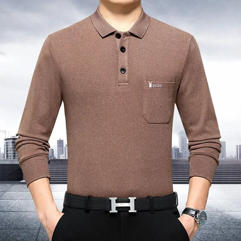Mens Spring Autumn Solid Pullover Turndown Collar Button