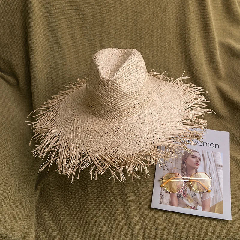2024 Handmade Big Brim Hat Oversized Tassel Burrs
