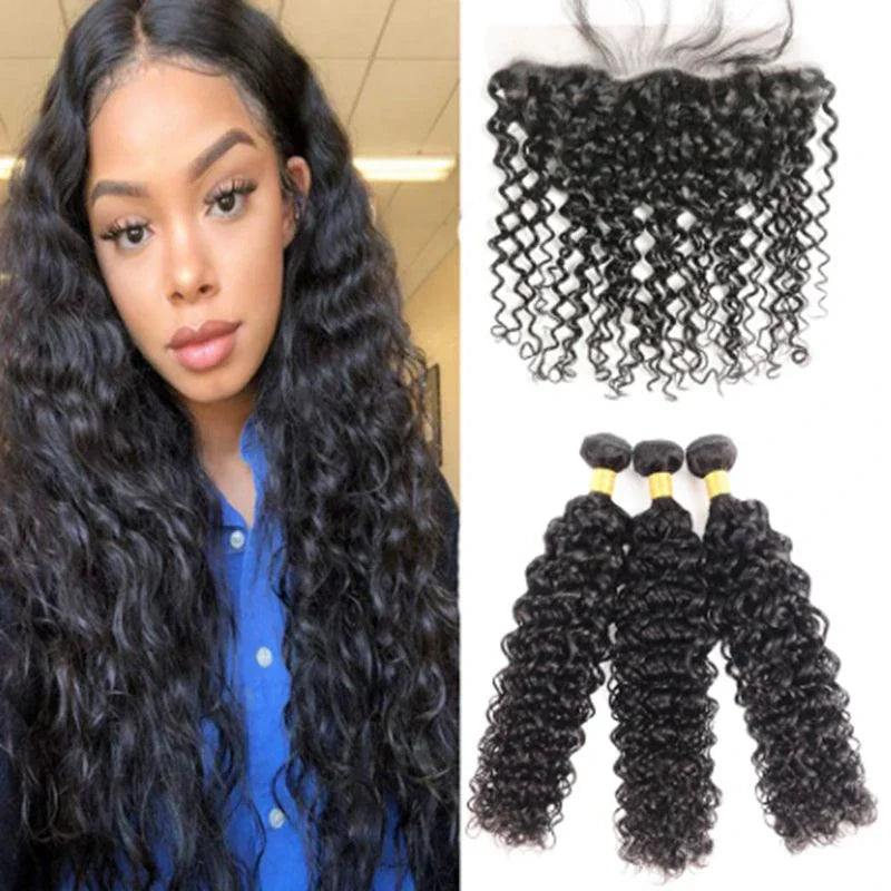 Elfriede Natural Black Water Wave Bundles with Frontal