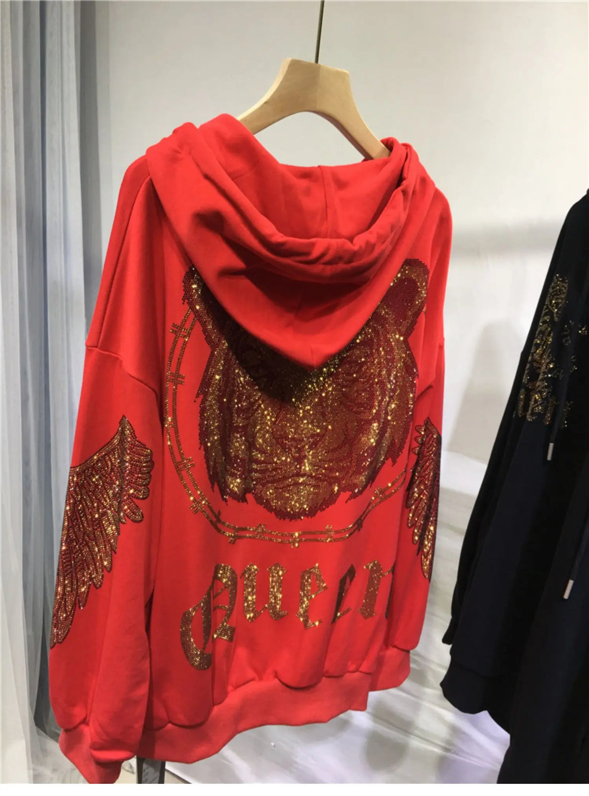 Plus Size Women Clothing Rhinestones Zip Up Hoodies