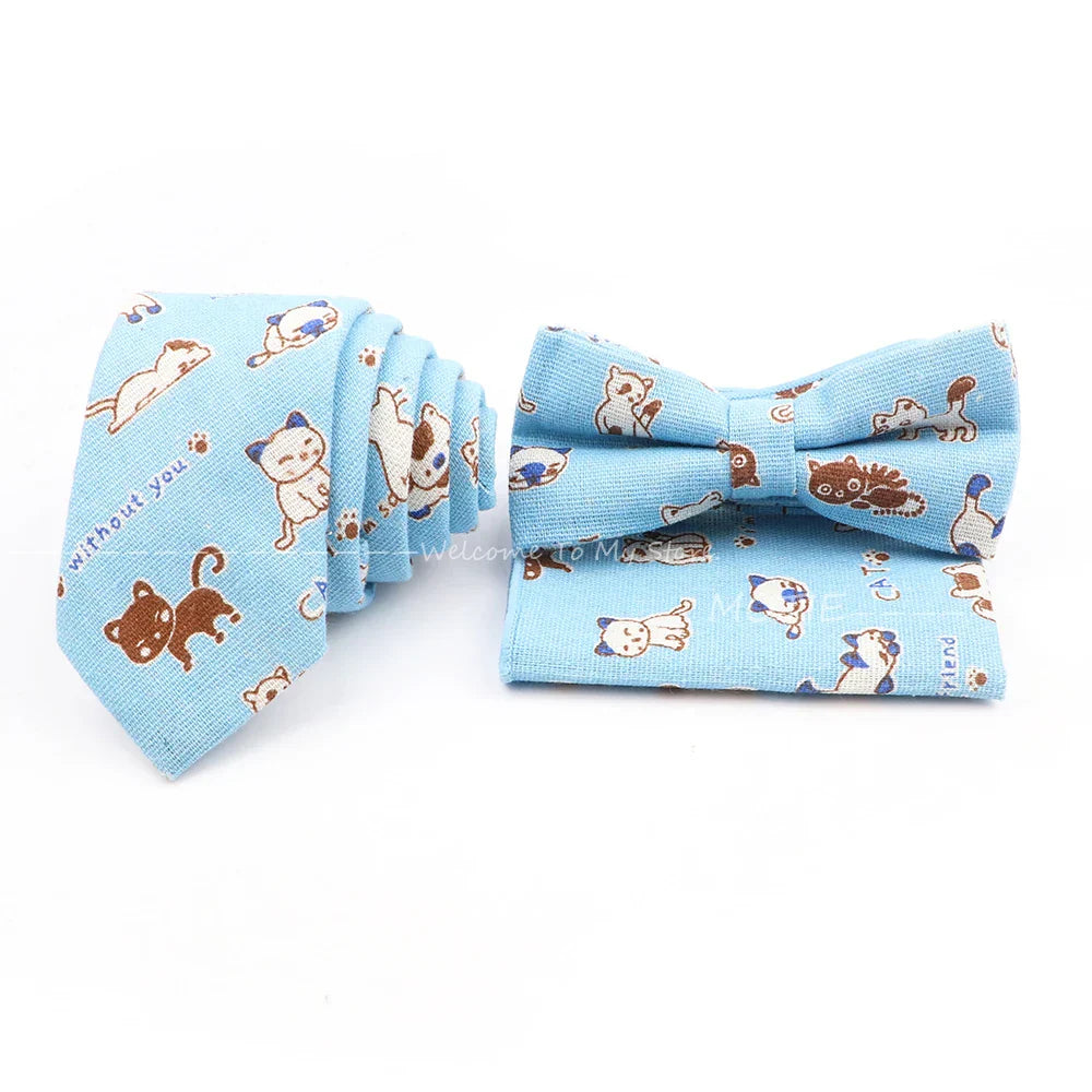 Men Linen Plant Ainmal Ties Set Pocket Handkerchief