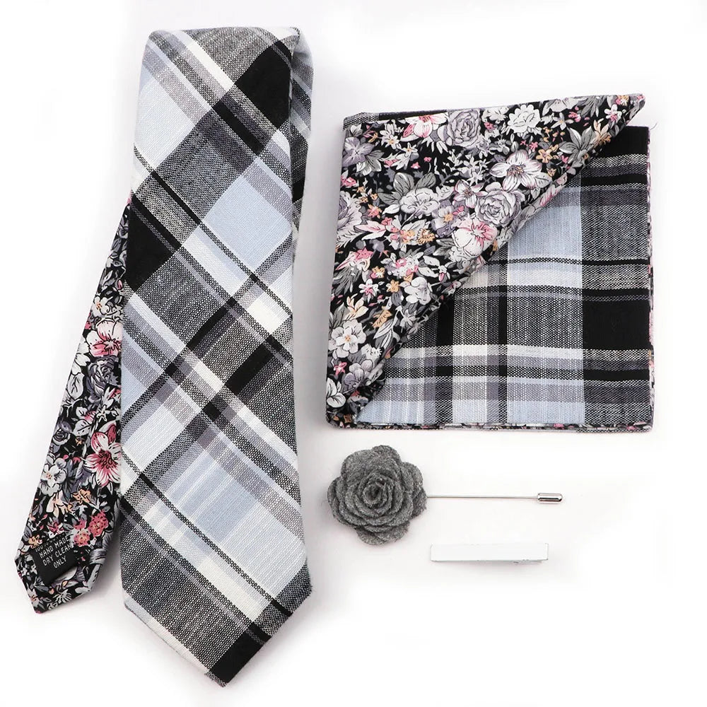 Two Side Floral Plaid Cotton Patchwork Tie Set