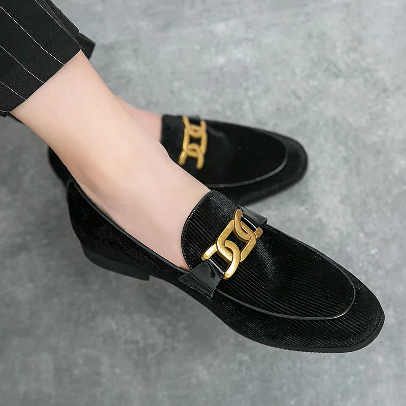 New Men Black Green Metal Buckle Corduroy Oxfords