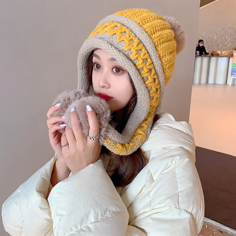 New Knitted Hat Thick Warm Earflap Hats Scarf