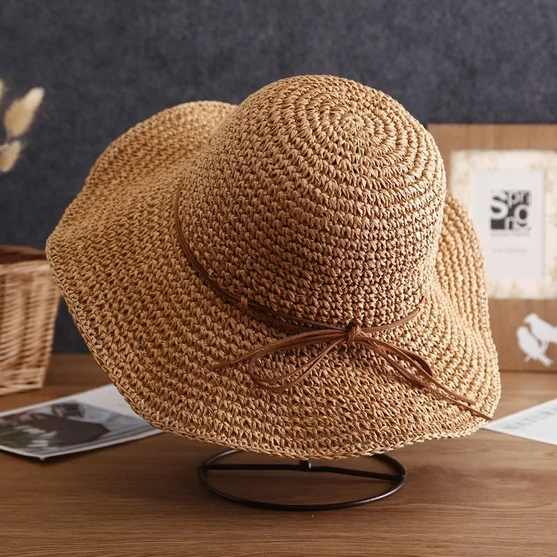Beach Straw Women Foldable Bucket Simple Solid Color