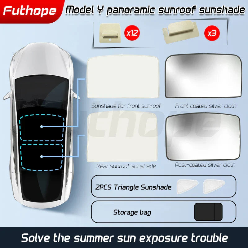 Futhope Upgrade Ice Cloth Buckle Sun Shades Glass Roof Sunshade For Tesla Model 3 Y 2021-2024 Front Rear Sunroof Skylight