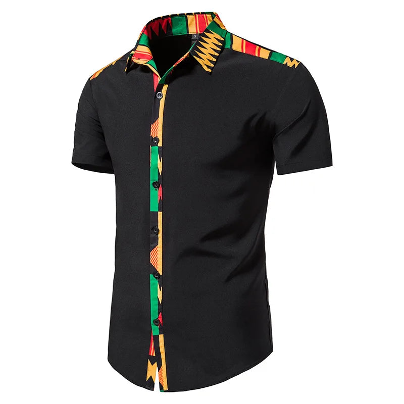 African Kente Print Shirt Short Sleeves Summer Men's