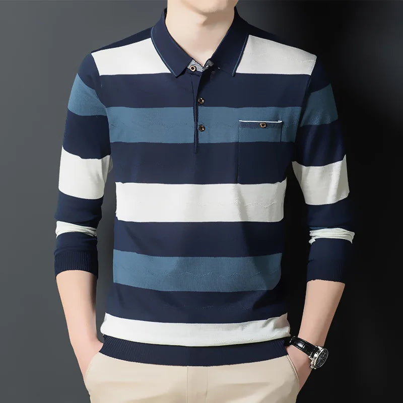 Autumn Winter Polo New Men's Clothing Loose Striped