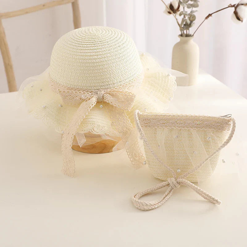 Kids Girls Straw Hat Handbag Set Wide Brim Lace Bow Sun Protection Cap Summer Beach Bucket Cap Portable Handbag панама Gorras