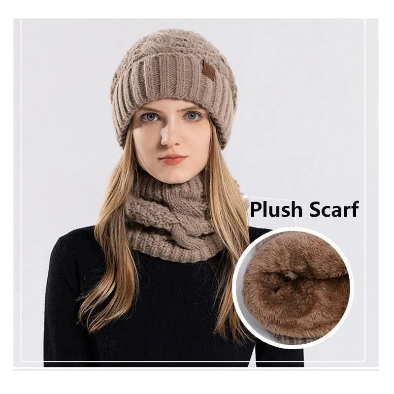 Women Fashion Winter Knitted Hat Scarf Set Fleece