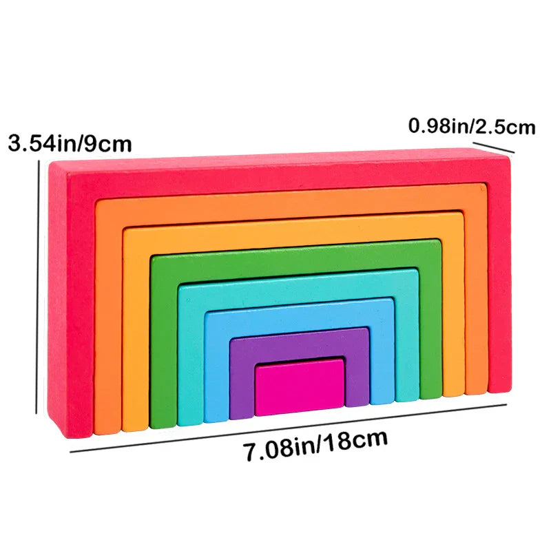 Montessori Wooden Rainbow Stacking Game,Eight Layers Square/Arch Colorful