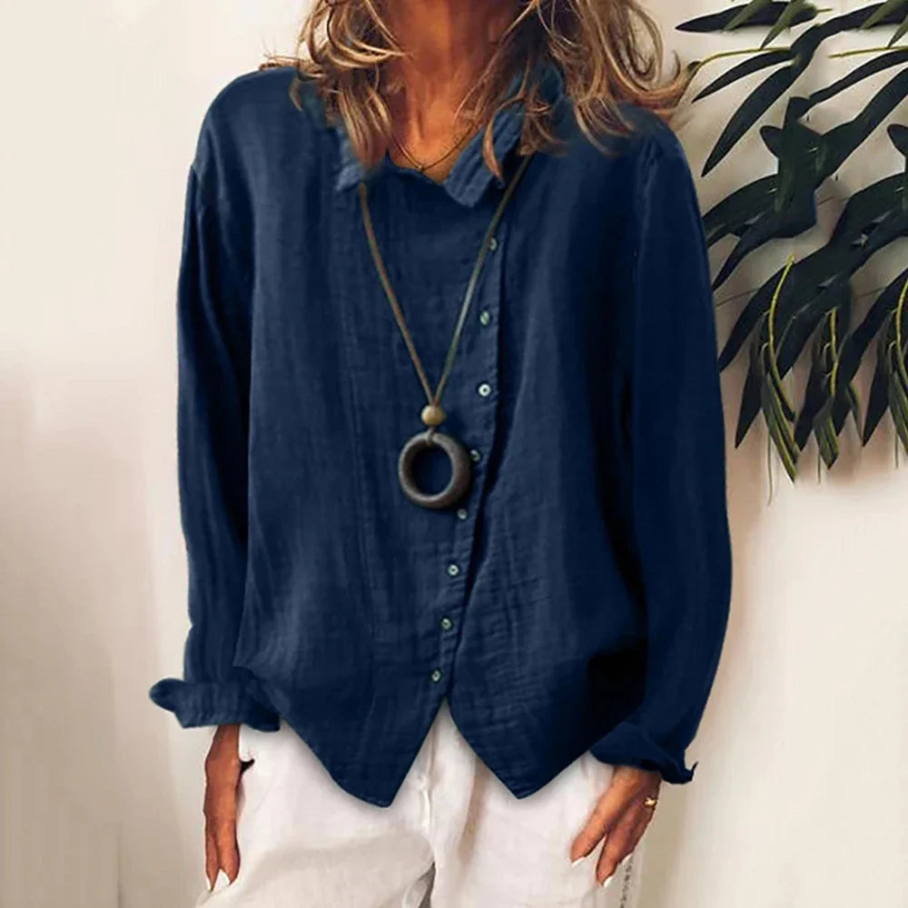 Womens Cotton Solid Long Sleeve Blouse Tops Baggy