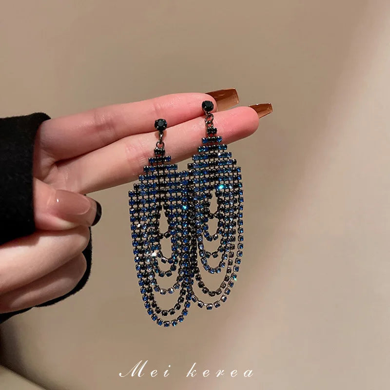 Long Retro Blue Flower Feather Tassel Dangle Earrings