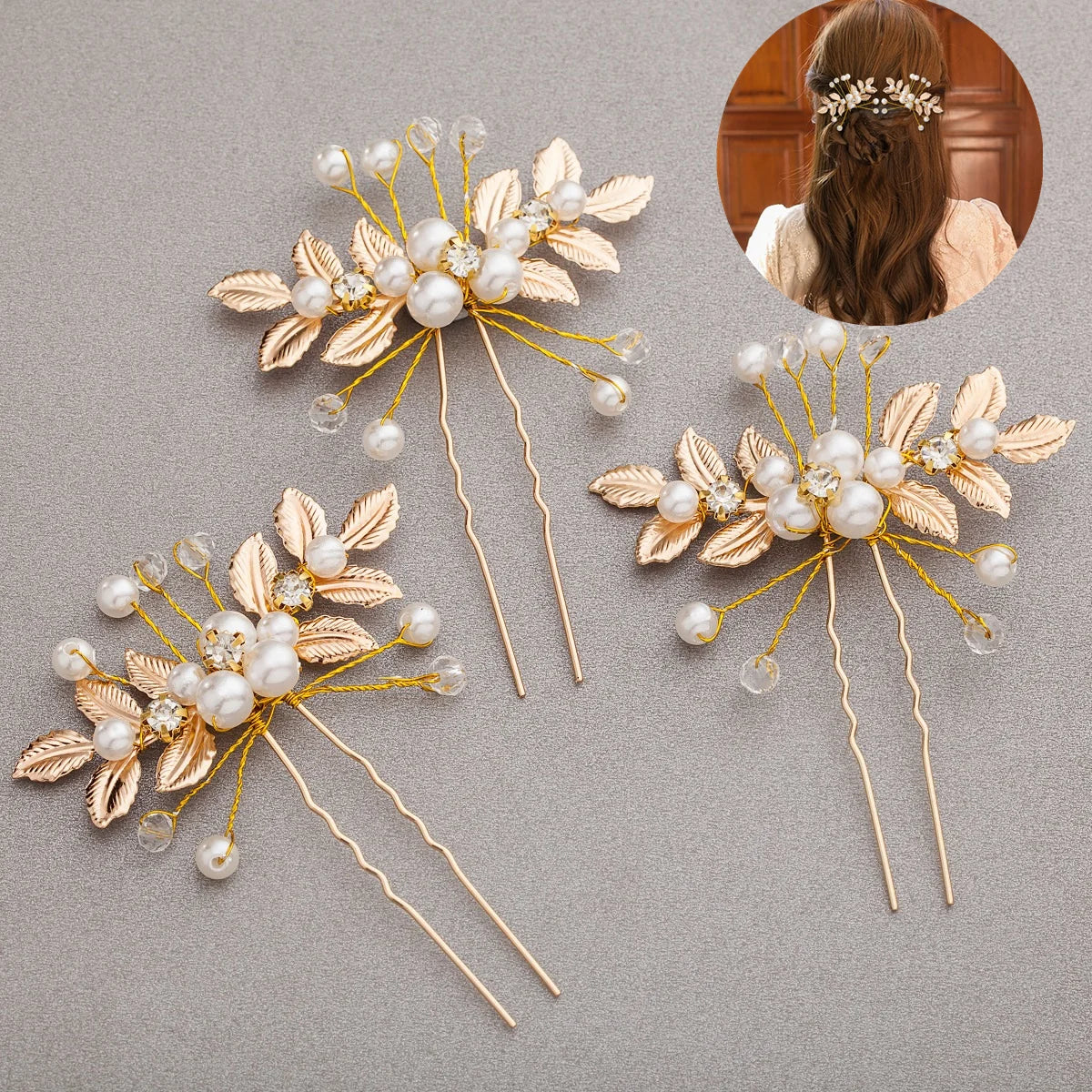 Pearl Flower Hairpin Side Comb Golden Leaf Shaped