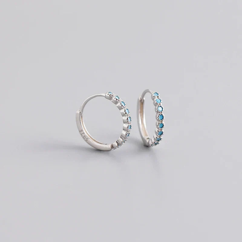 WANTME 925 Sterling Silver Bohemian Pavé Turquoise Piercing Ear Clasp for Women Fashion Statement Huggies Hoop Earrings Jewelry
