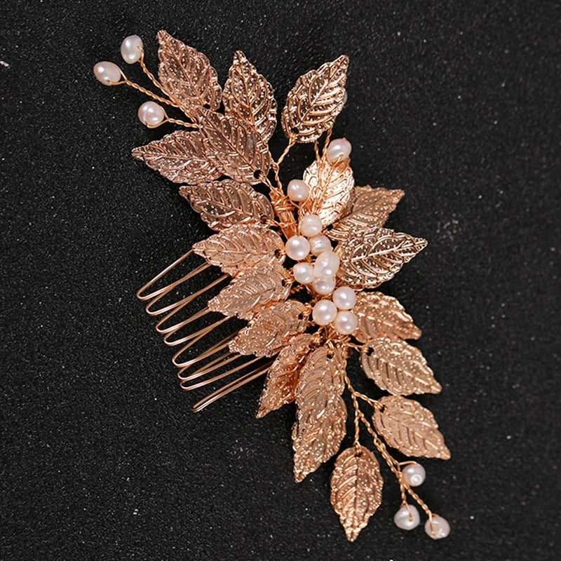 Gold Color Pearl Leaf Hair Comb Clip Hairpin