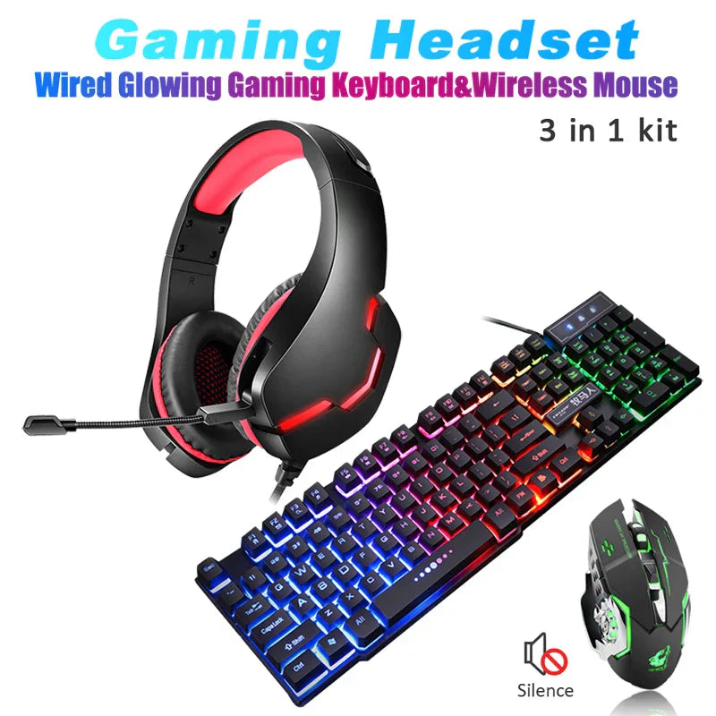 Gaming Wired Keyboard + Wireless Mouse+ Gaming Headset