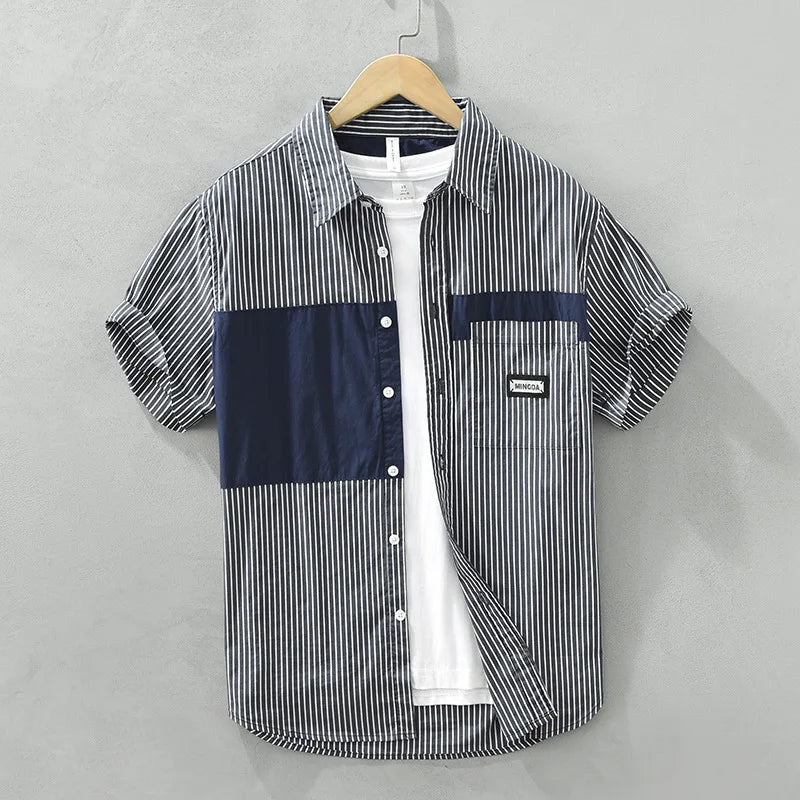 Summer New Striped Patchwork Shirt for Men Clothing