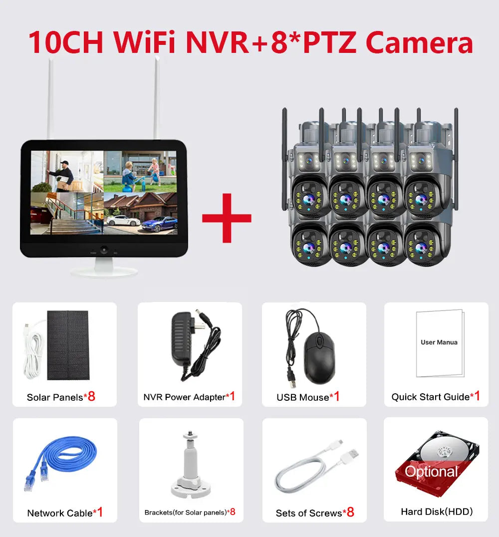 10CH 8MP Wifi Dual Lens PTZ Solar Camera