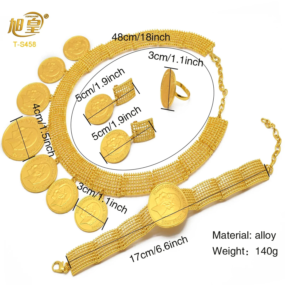 African 24K Gold Color Coins Necklace Bracelet Sets