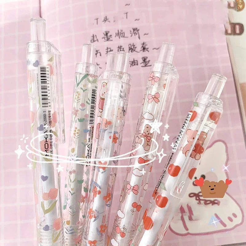 6pcs Floral Gel Pens Set Transparent 0.5mm Black