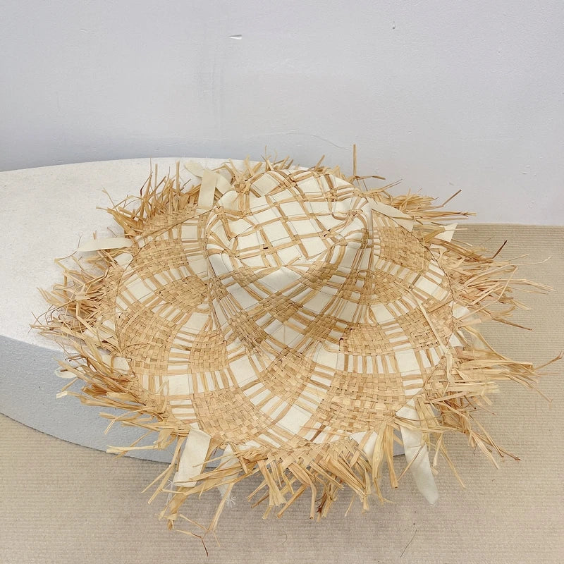 2024 Handmade Big Brim Hat Oversized Tassel Burrs
