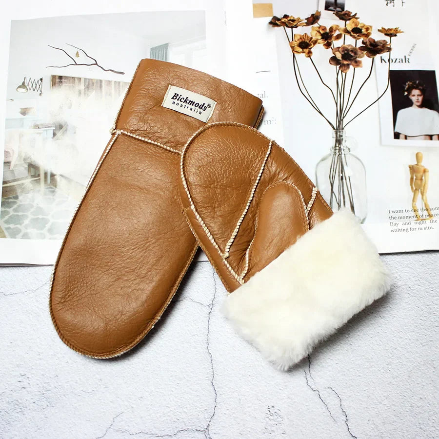 Sheepskin Fur Mittens Women's Leather Wool Color Winter