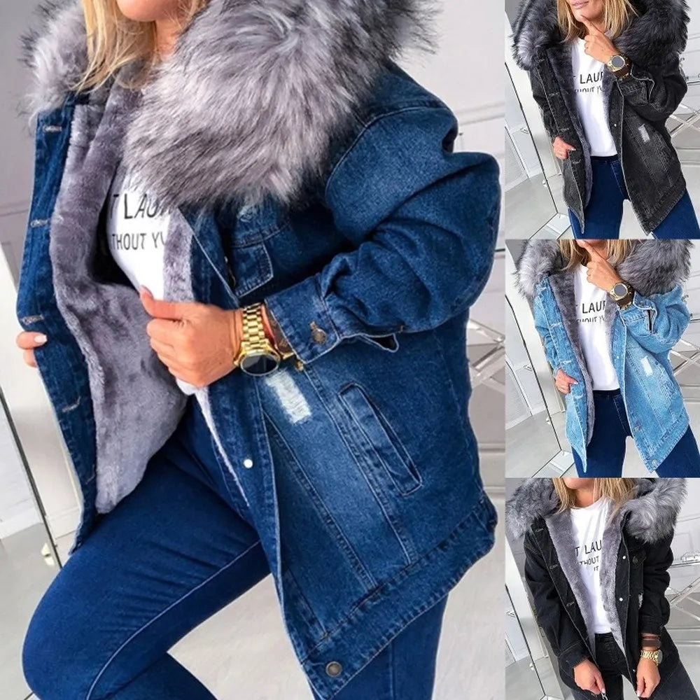 Women Winter Warm Fluffy Collar Hooded Denim Jacket