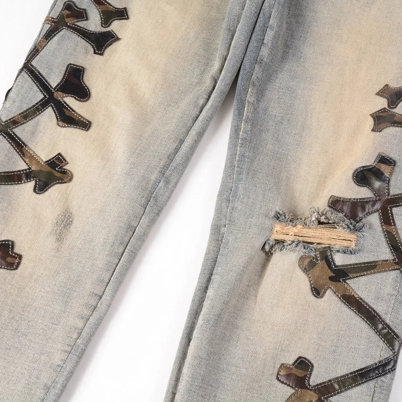 Men's Camouflage Leather Bones Patches Jeans Vintage Blue